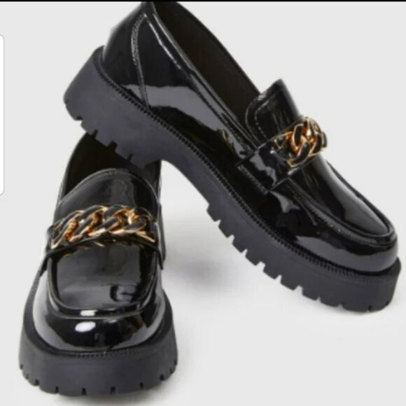Lattelier Black Patent Platform Penny Loafers w/ Gold Chain size 6 - Picture 3 of 15